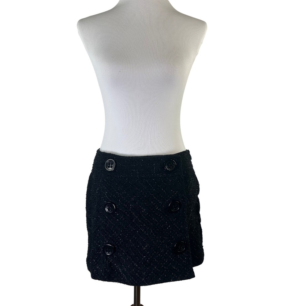 Express Design Studio Black Tweed Mini Skirt Double Breasted Button Womens 8